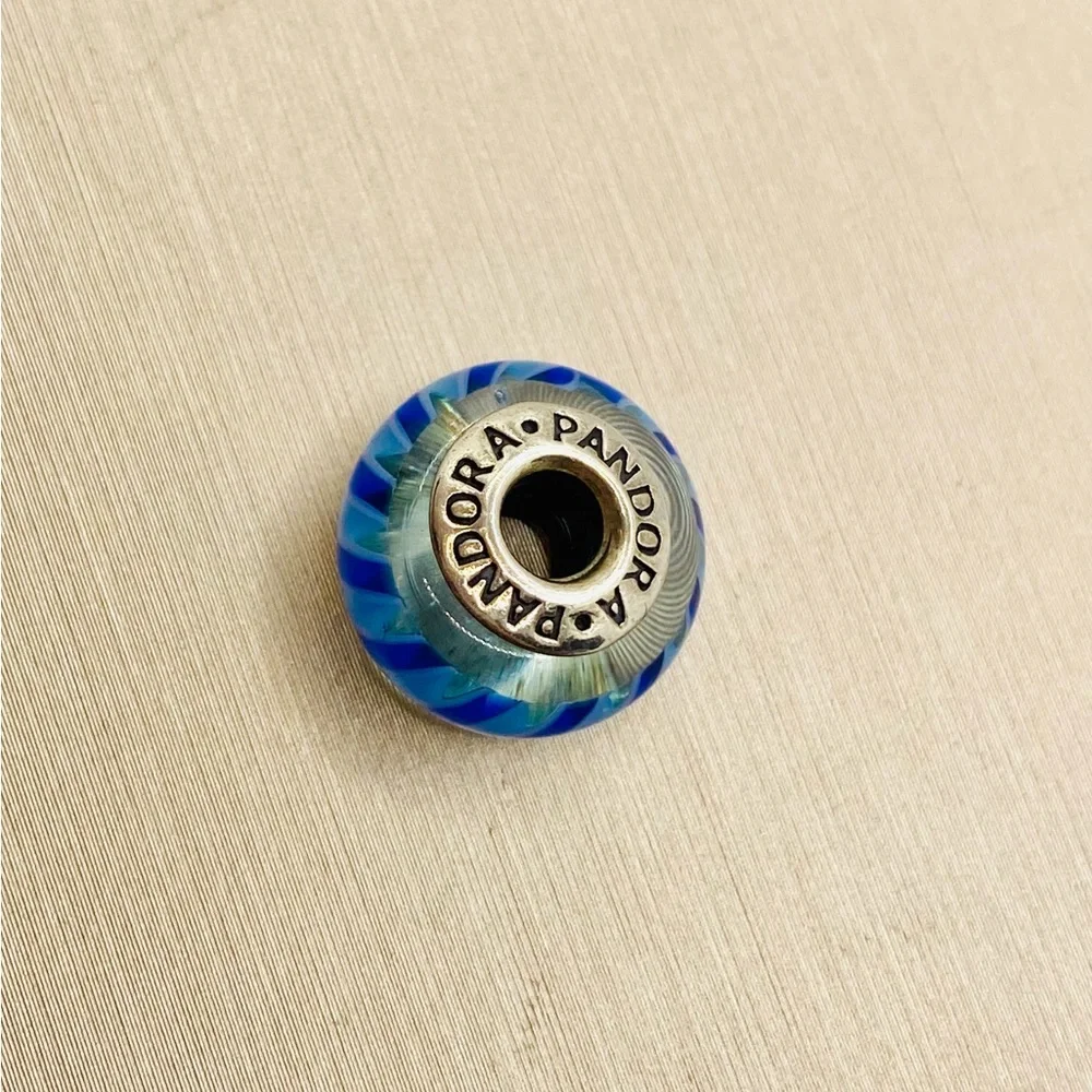 EUC Pandora 790611 Striped Teal & Blue Murano Glass Charm